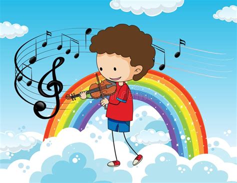 Cartoon Doodle A Boy Playing Violin In The Sky With Rainbow Stock