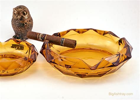Diamond Ashtray Set In Heavy Vintage Amber Glass By Viking Big Ashtray