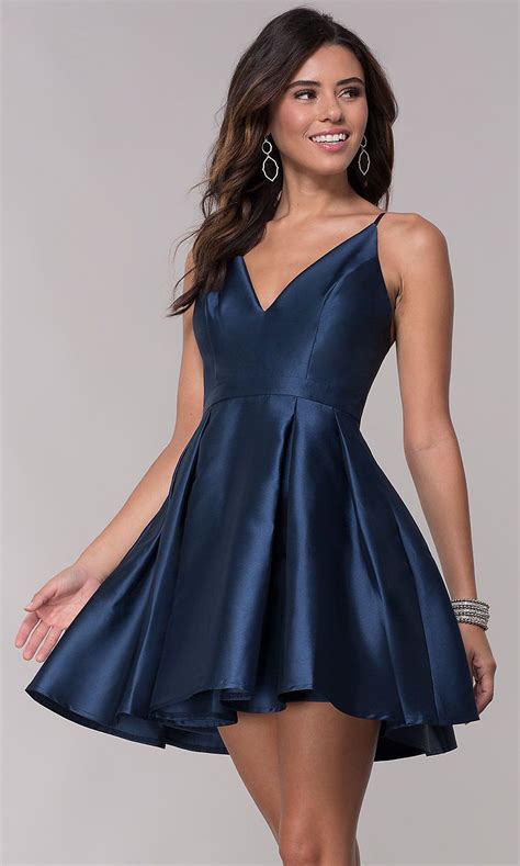 Short Homecoming Fit And Flare V Neck Dress Grad Dresses Short Satin Homecoming Dress Grad