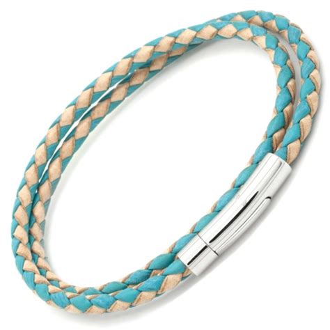 Turquoise Tan Woven Leather Double Wrap Bracelet