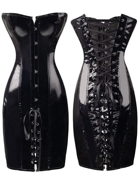Women Gothic Steampunk Sexy Wet Look Pvc Corset Dress Black Red Bodycon Lace Back Corset And