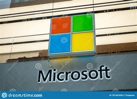 Microsoft Company Logo On Facade Of Brand Store On 5th Avenue In