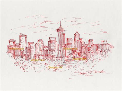 Seattle Skyline Pen And Ink Drawing With Space Needle And Skyscrapers