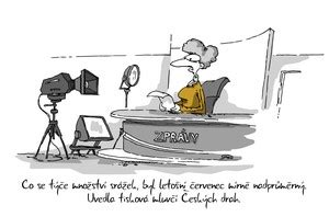 Většinu času tráví sledováním politického a společenského dění, sedí nad novinami a především u počítače. Roušky chrání, kreslený vtip | Kurzy.cz
