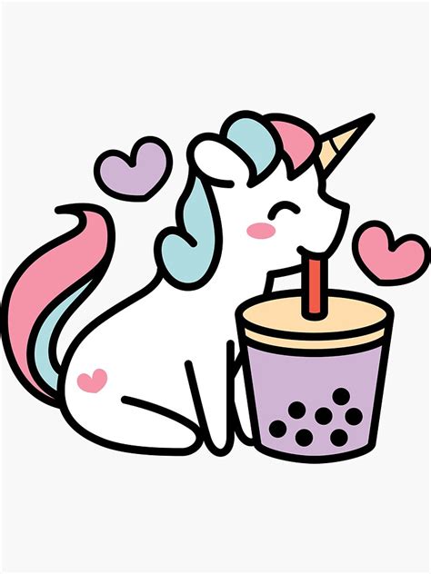 Cute Unicorn Sipping Bubble Tea Kawaii Taro Boba Tea Sticker By