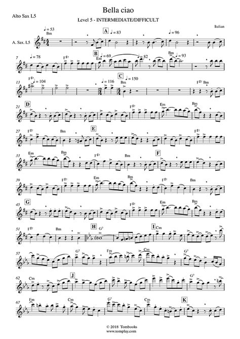 Saxophone Sheet Music Bella Ciao Intermediateadvanced Level Alto Sax