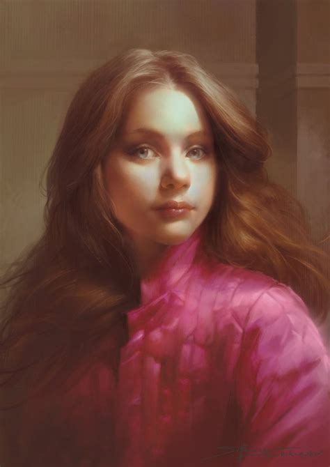 A Painting Of A Woman With Long Brown Hair And Pink Shirt Looking At