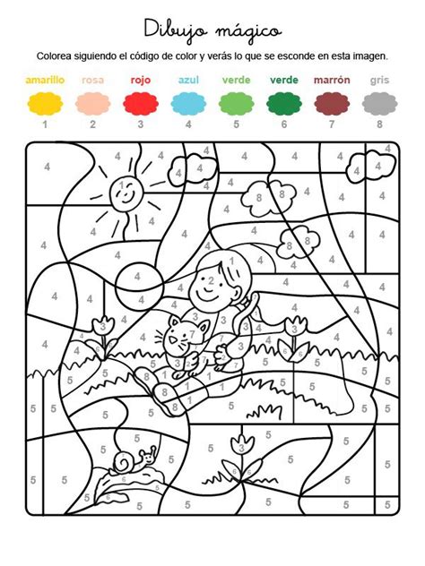 Dibujo Mágico De Un Niño Y Gatito Dibujo Para Colorear E Imprimir