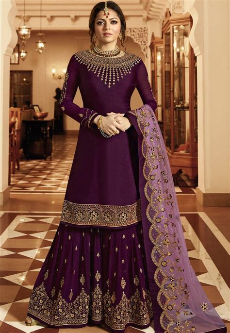 Drashti Dhami Purple Satin Georgette Embroidered Sharara Style Suit