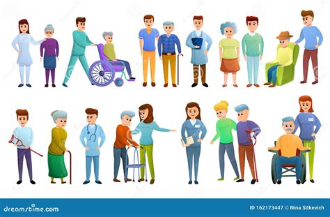 Caregiver Icons Set Cartoon Style Stock Vector Illustration Of