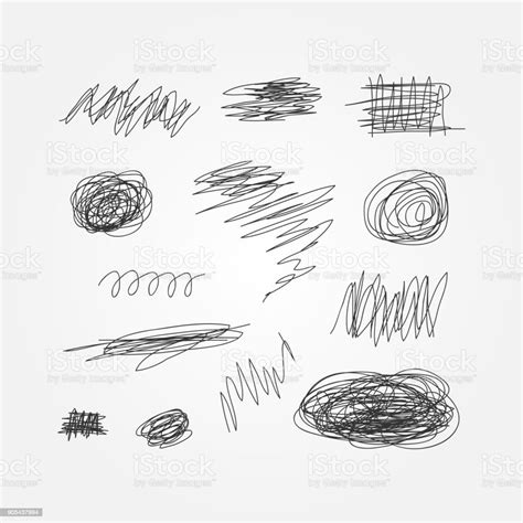 Set Of Black Scribbles Drawn By Hand Doodle Sketch Grunge Stock