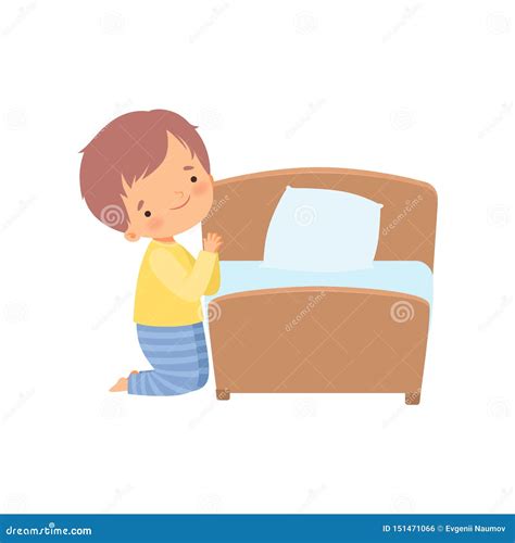 Cute Little Boy Character Praying Before Going To Bed Vector