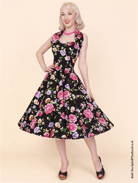 1950s Halterneck Floral Noir Dress From Vivien Of Holloway
