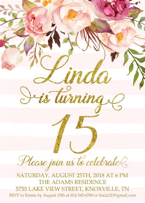 15th Birthday Invitation Fifteenth Birthday Party Floral Etsy