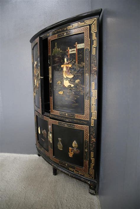 Chinese Corner Cabinet In Black Lacquer And Dyed Soapstone For Sale At