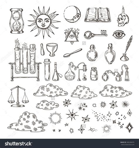 Set Of Trendy Vector Alchemy Symbols Collection Isolated On White