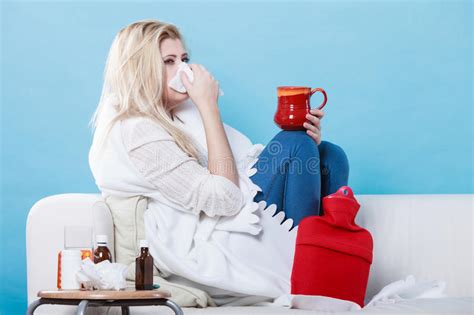 Woman Being Sick Having Flu Lying On Sofa Stock Image Image Of Drinking Coffee 95802201