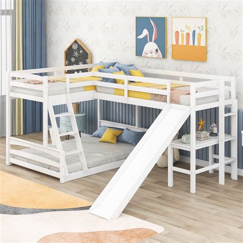Buy L Shape Triple Bunk Bed With Desk And Slide Twin Over Full Bunk