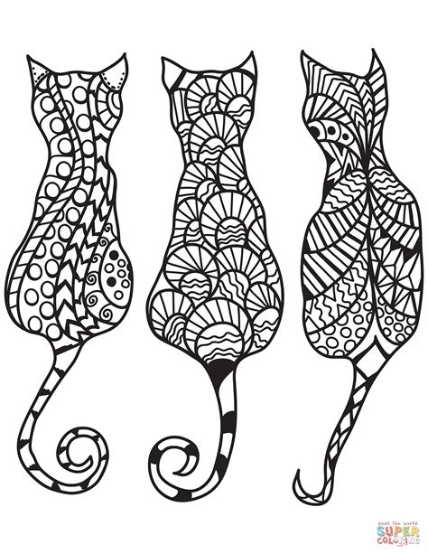 Three Cats In Zentangle Style Coloring Page Free