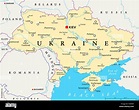 Mapa político de Ucrania con la capital, Kiev, las fronteras nacionales ...