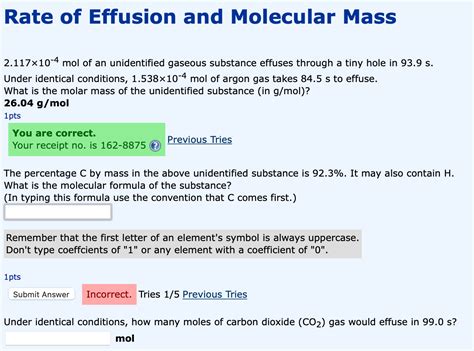 Solved Rate Of Effusion And Molecular Mass 2117x10 4 Mol Of
