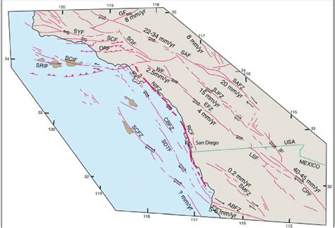 Generalized Map Of Major Faults In Southern California Across Which