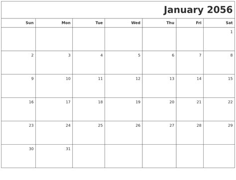 January 2056 Printable Blank Calendar
