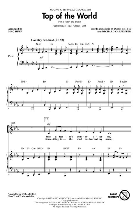 Carpenters Top Of The World Arr Mac Huff Sheet Music Pdf Notes
