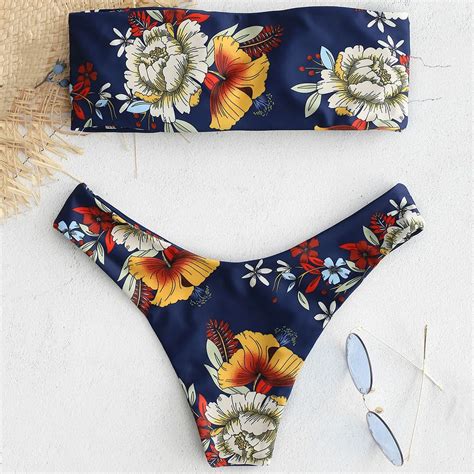 Zaful Knot Floral Print Bandeau Bikini Set Women Strapless Padded