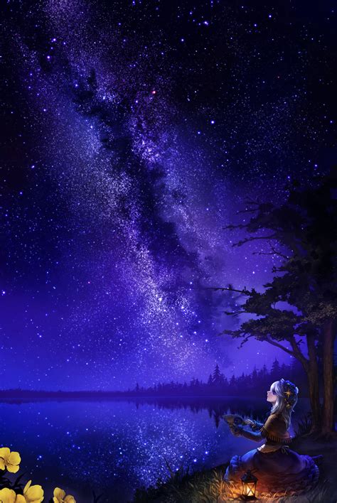 Night Forest Stars Girl Sky Art Beautiful