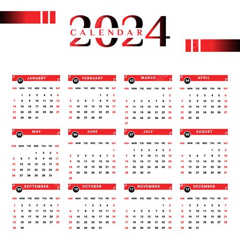 Gambar Kalendar 2024 Dengan Bentuk Geometri Hitam Dan Merah Vektor
