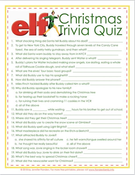Elf Trivia Christmas Quiz Free Printable Flanders