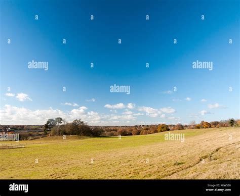 Open Grass Land Farm Agriculture Plain Blue Sky Above Wivenhoe Essex