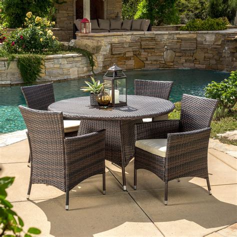 Madison Wicker 5 Piece Round Patio Dining Set with Cushions, Brown | eBay