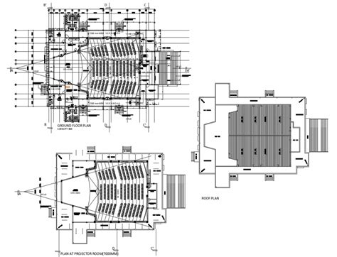 Auditorium Hall Floor Plan Distribution With Roof Plan Cad Drawing