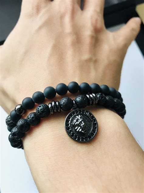 Set Of 2 Black Lion Head Beaded Bracelet For Men Luxury Jewellery