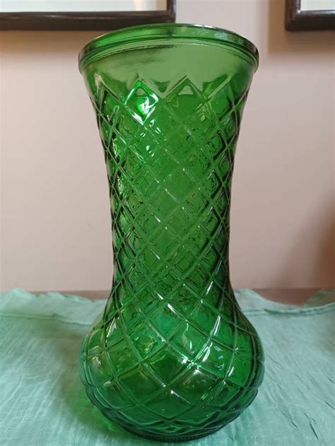 Two Vintage Green Glass Hoosier Vases Criss Cross Diamond Vertical Line Patterns Both Marked