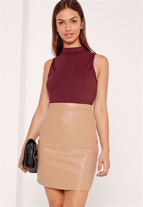 lyst missguided faux leather bodycon contrast mini dress nude﻿ in red