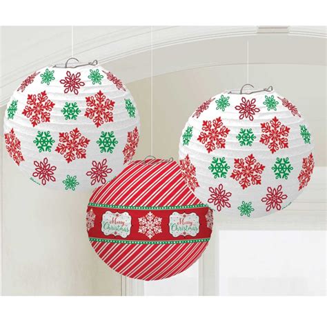 3 Snowflake Paper Lanterns Red And White Christmas Party
