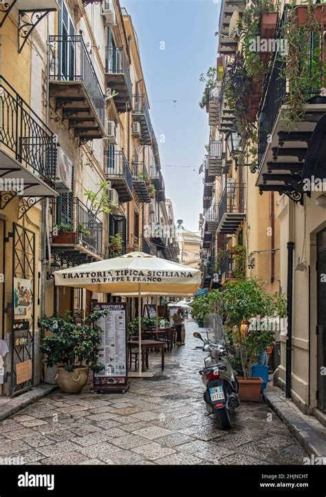 Narrow Street With Bars Cafes And Restaurants Palermo Sicily Italy