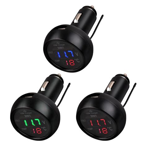 Car 3 In 1 Multifunction Car Usb Charger Thermometer Voltmeter 1pc