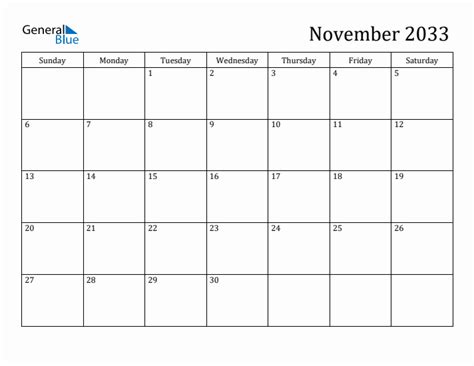 November 2033 Calendars Pdf Word Excel