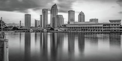 Tampa Skyline Panoramic Bay Reflections Black And White Photograph By