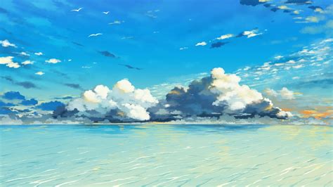 Blue Sky And Clouds Painting Water Sky Clouds Hd Wallpaper