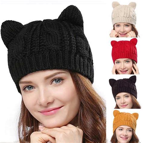 Women Winter Fashion Keep Warm Cat Ear Winter Hats Knitted Wool Hemming