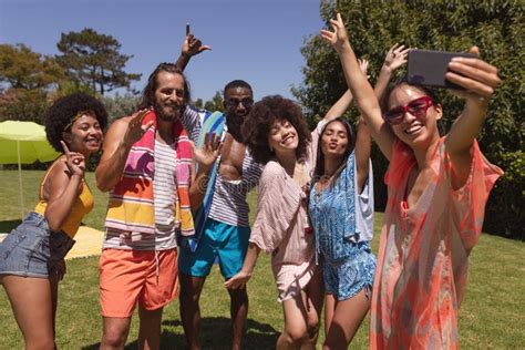 Diverse Group Of Friends Taking Selfie At A Pool Party Stock Image Image Of Sunny Party