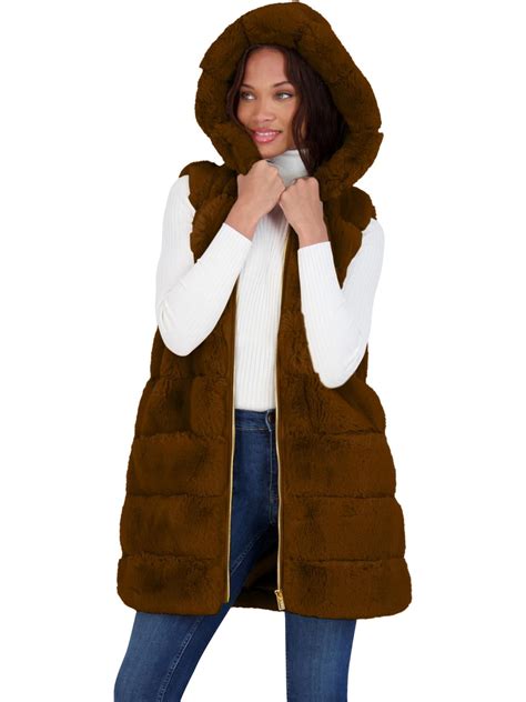 Via Spiga Womens Grooved Faux Fur Hooded Vest