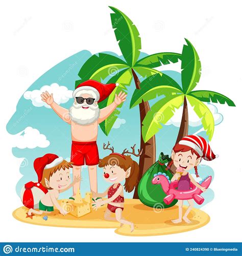 Summer Christmas With Santa Claus And Children Stock Vector