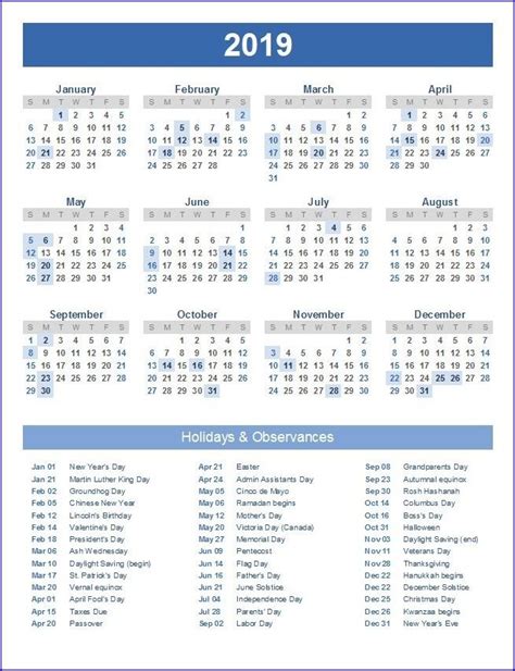 Calendar 2019 Usa Holidays Holiday Calendar Printable Excel Calendar