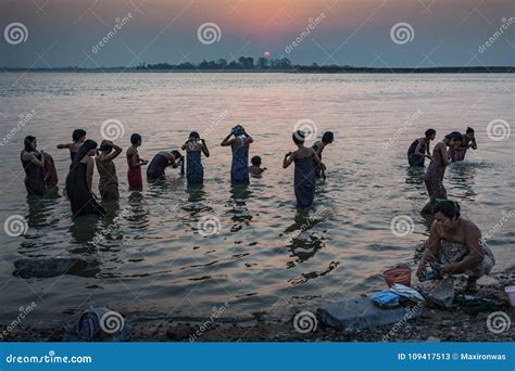 Myanmar Morning Bath Inside Irrawaddy River Editorial Stock Photo